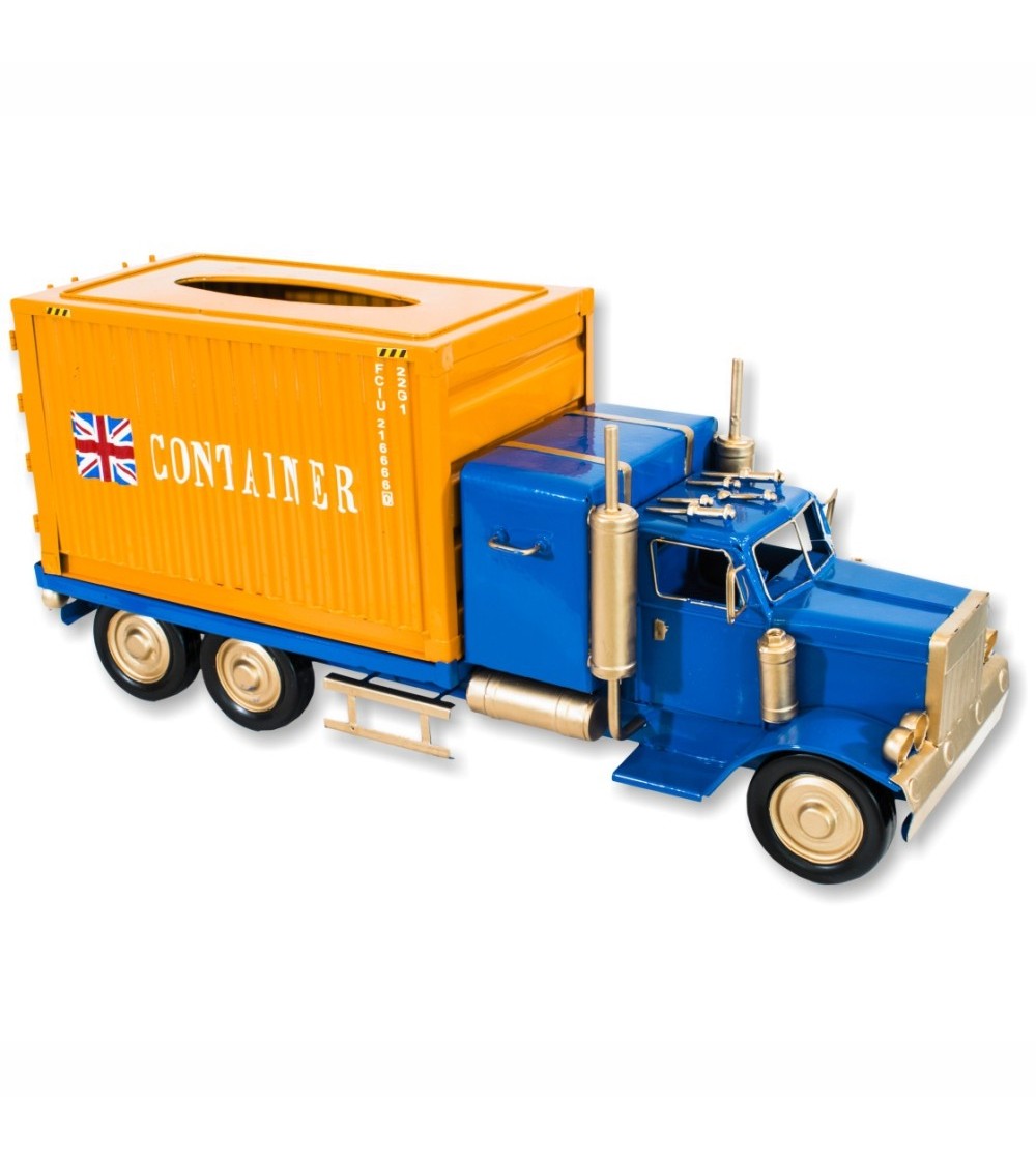 Blue and orange tissue carrier container truck