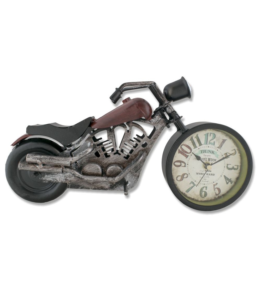 Replique d'une moto en métal avec cadran d'horloge dans la roue arrière,  couleurs usées, 29cm